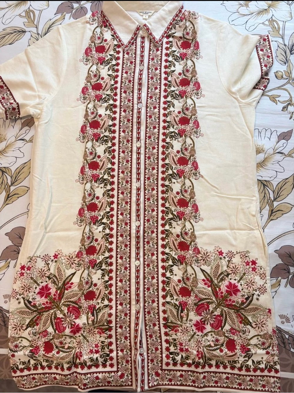 Women’s Cream Embroidered Button-Front Dress with Pink Floral Accents